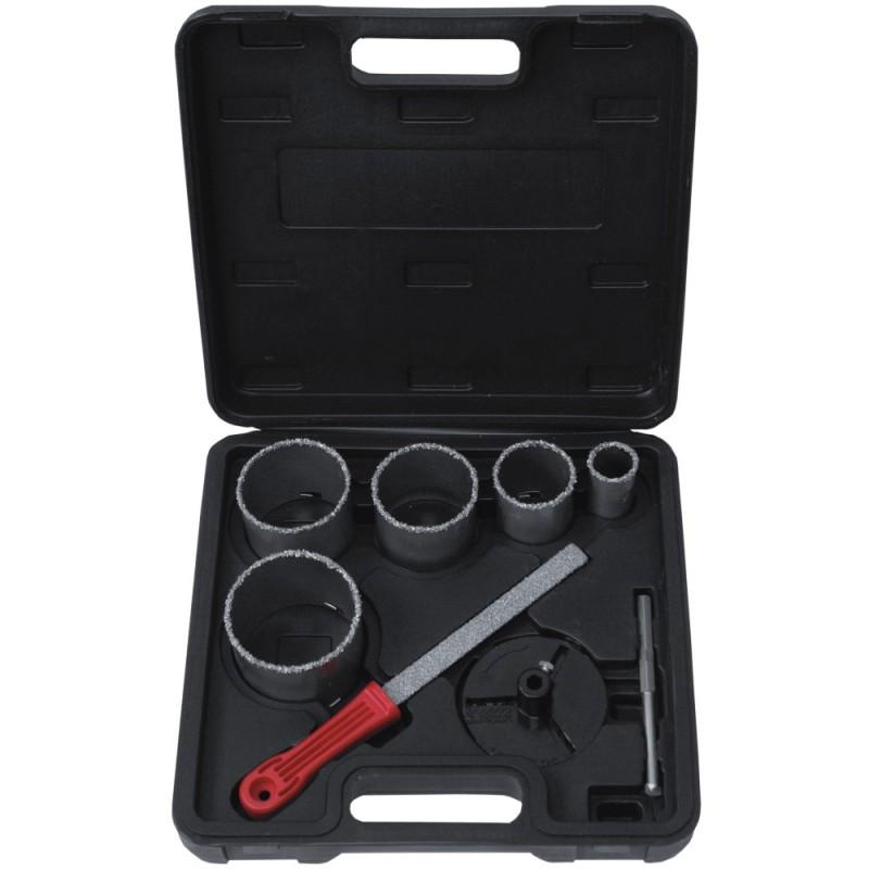 Wolframkarbid bevonatú körvágó készlet 33, 53, 67, 73, 83mm, fúróvezetővel, lyukvágó tárcsával és re 0